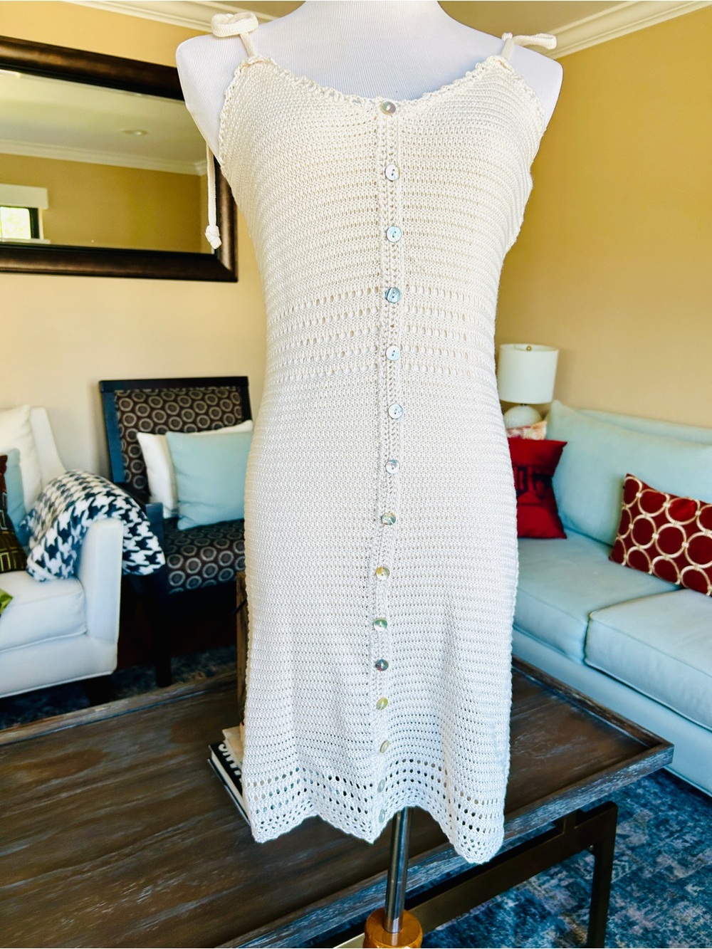 Olive + Oak Cream Crochet Button-Front Mini Dress Size Small Tie Straps Summer - Picture 3 of 11